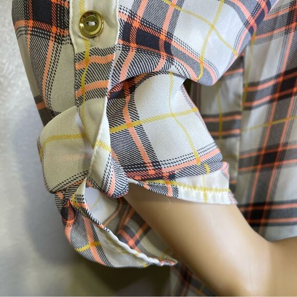 Penelope Long Sleeve Plaid Pattern Lightweight Blouse Cream Neon Coral Black Med - Picture 6 of 11